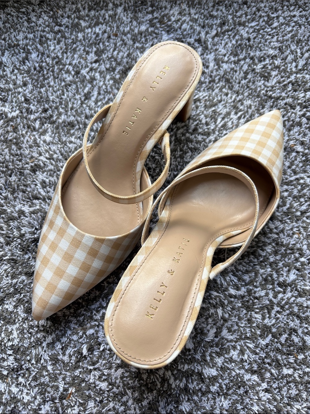 Kelly & Katie Beige Gingham Pointed-Toe Backless Heels